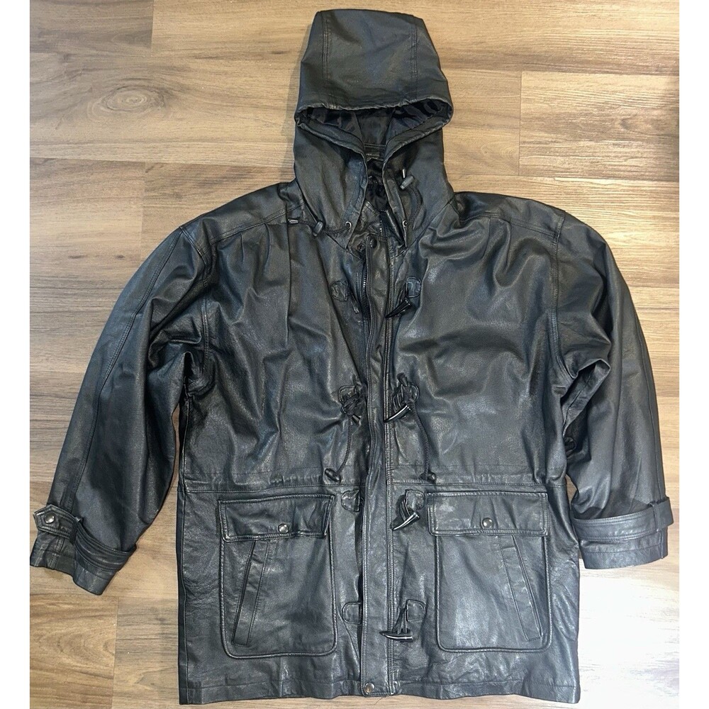 Vtg Wilsons Leather Jacket Coat Mens L Hooded Duffel Toggle Quilted Lined Black